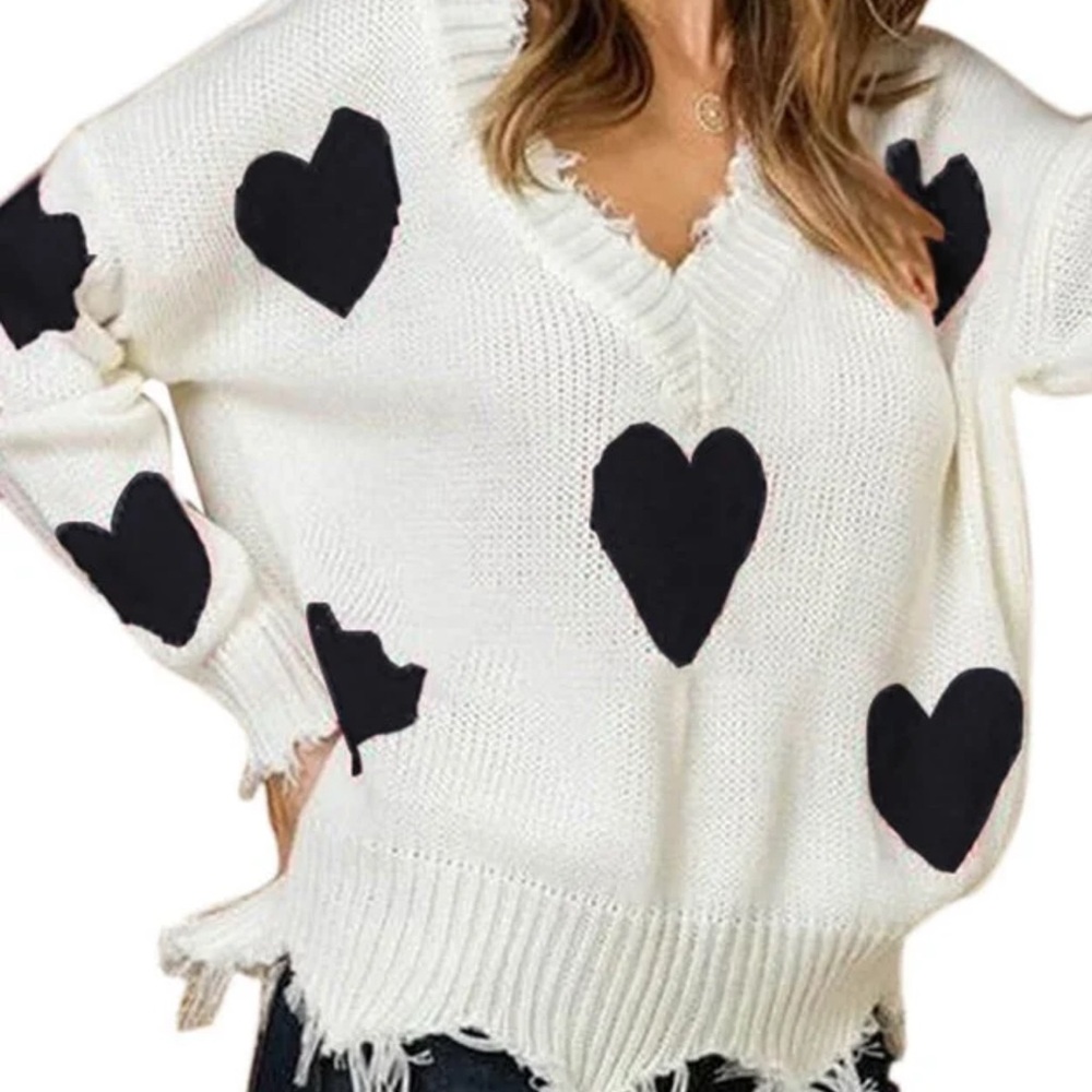 Miracle Black and Cream Heart V-Neck Sweater